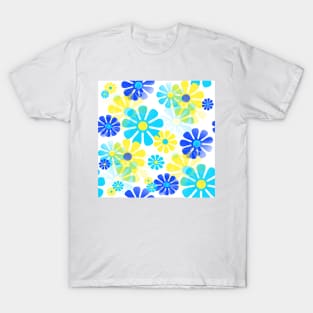 60's Retro Groovy Mod Flowers in Yellow, Aqua and Blue T-Shirt